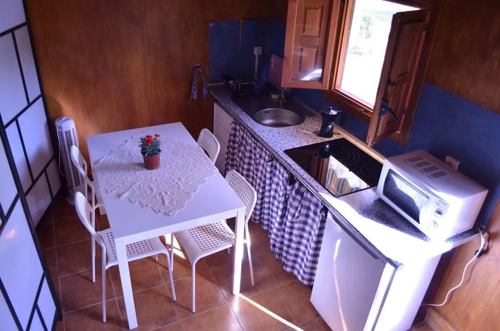 Cucina della casetta in legno con tavolo, frigorifero e microonde