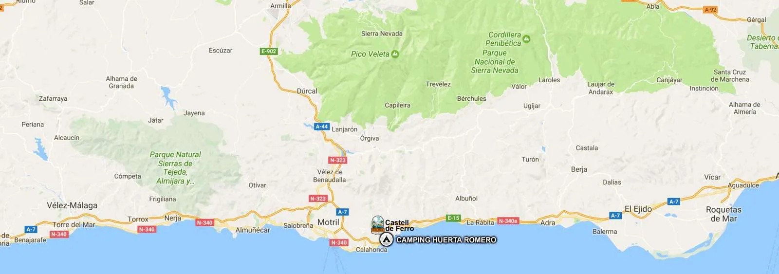 Mapa de la Costa Tropical con la ubicación del camping en Castell de Ferro